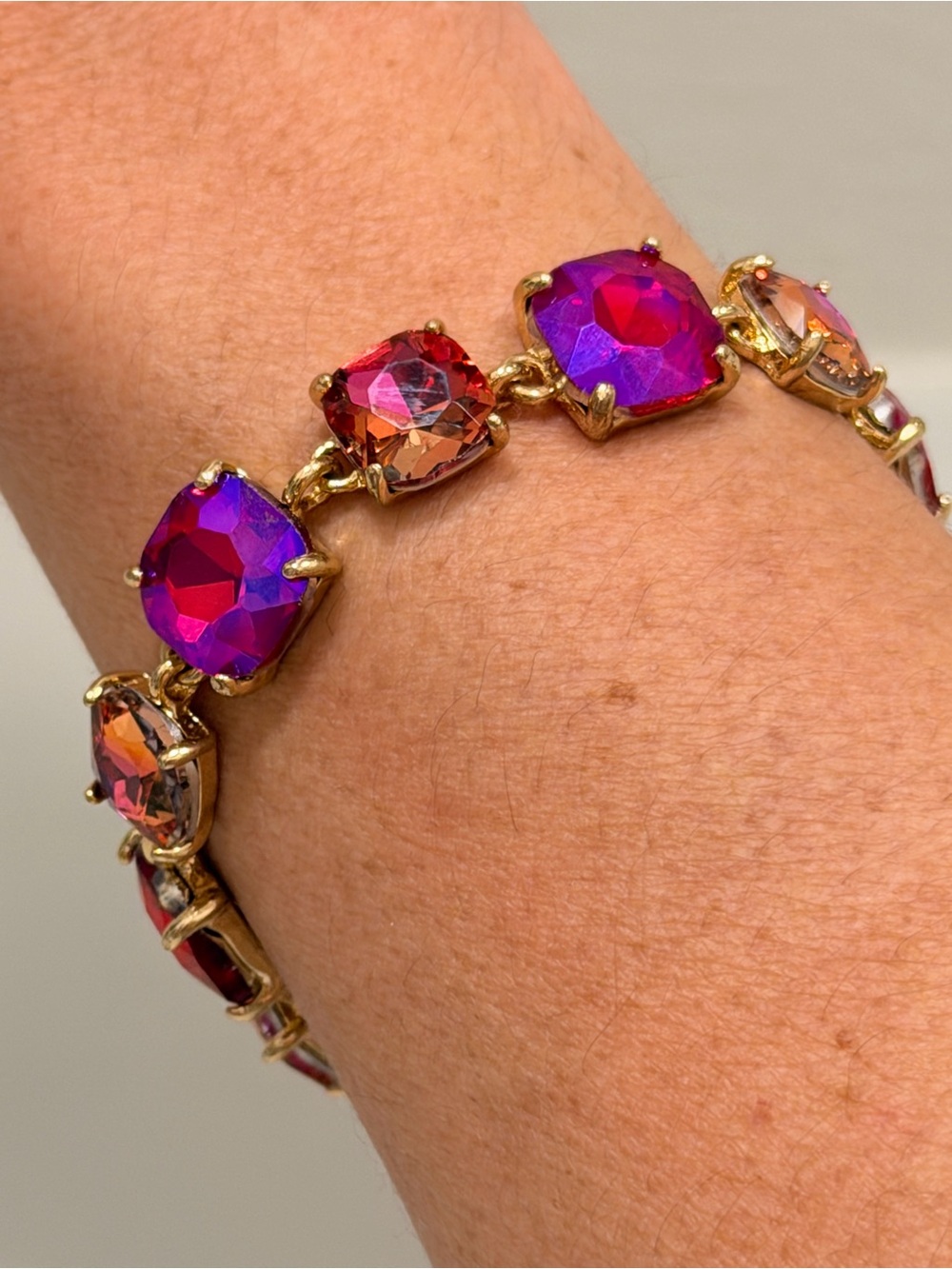 Gold-Tone Pink Purple Cushion Crystal Bracelet - Local Louisiana Boutique
